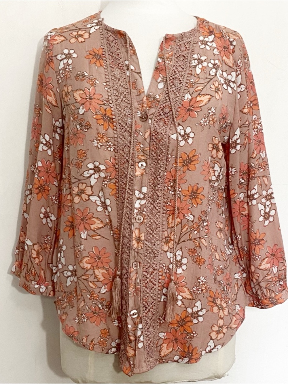 Como Vintage Boho Floral Lace-Trim Peasant Blouse - Cocoa Color Rayon Blend M